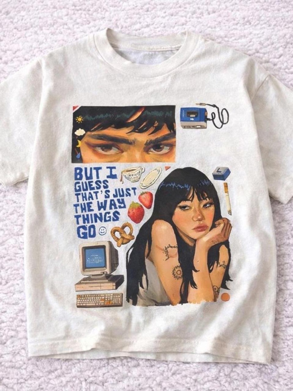 Gildan White Graphic Tee with Retro Collage Illustration